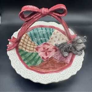 Fitz and Floyd 1993 Terrier Quilt Candy Dish/Bowl with Bow Handle Rare Find
